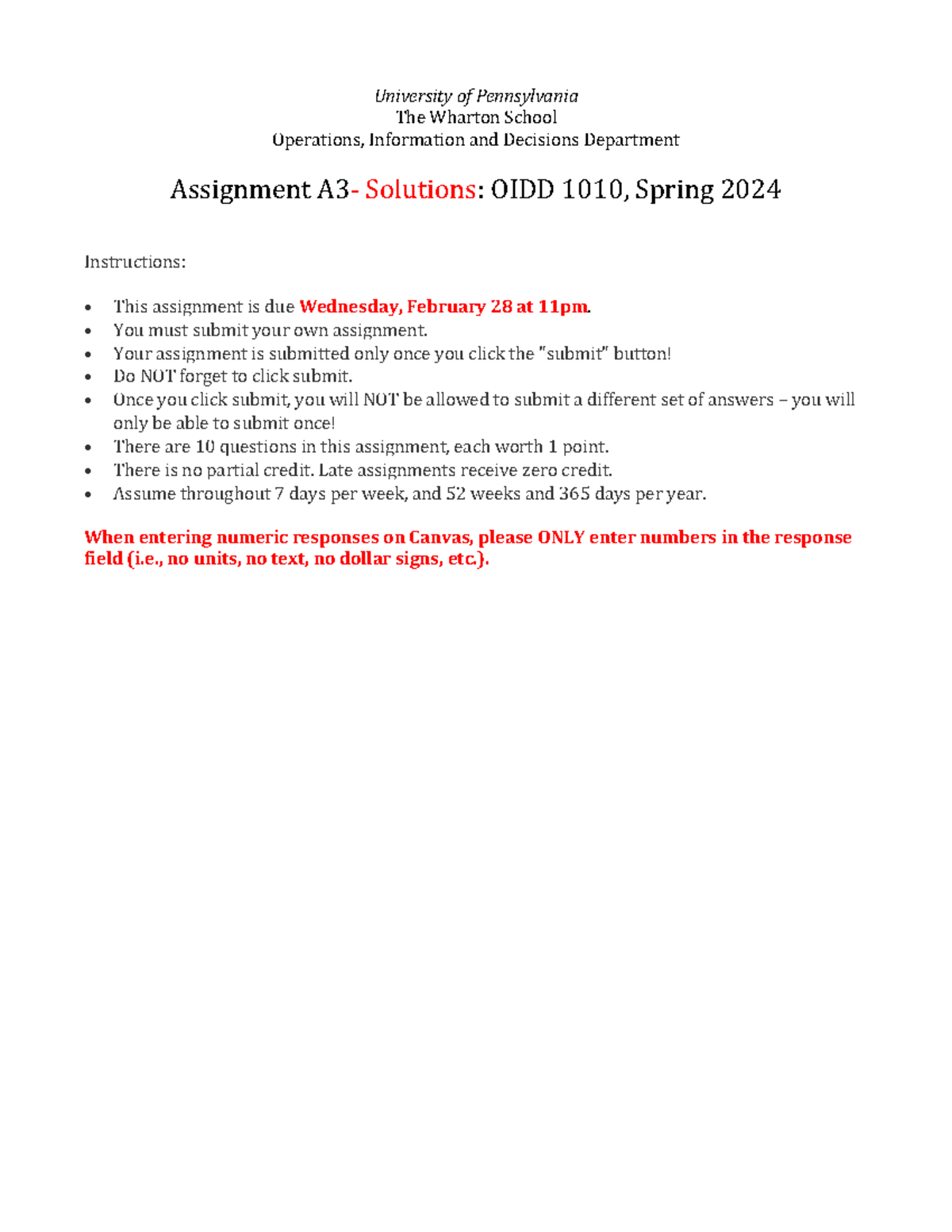 A3 Assignment Solutions: OIDD 1010, Spring 2024 - Studocu