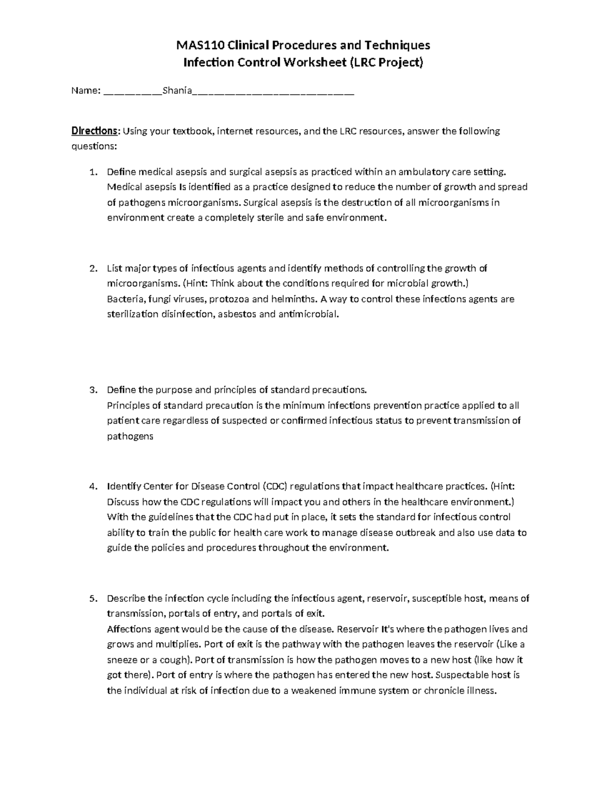 MAS110 Infection Control Worksheet: Clinical Procedures & Techniques ...