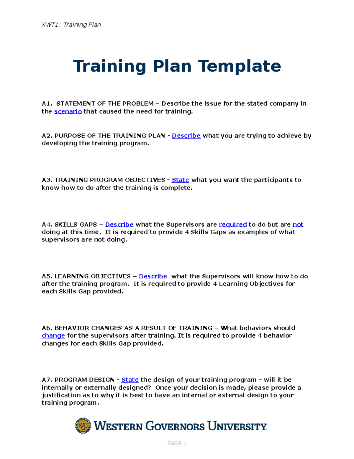 C235 Task 1 Template Revised - XWT1: Training Plan Training Plan ...