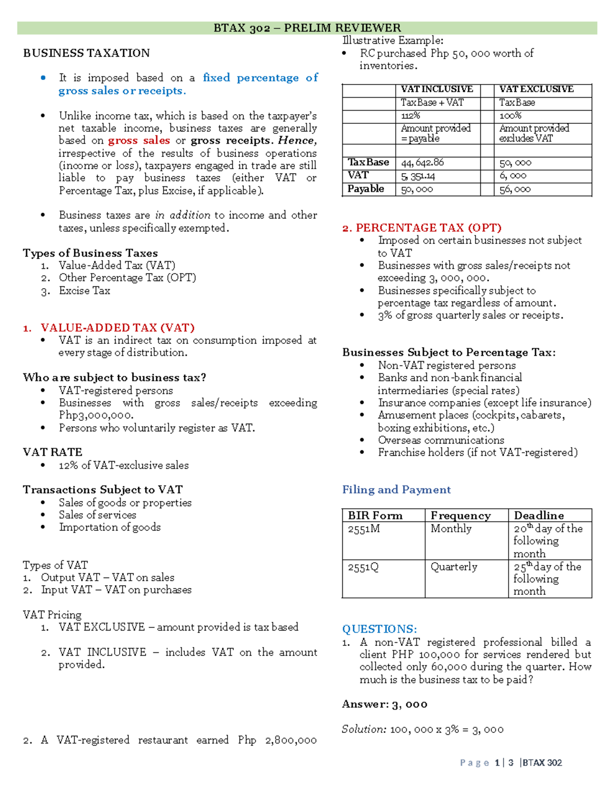 BTAX 302 PRELIM REVIEWER: Business Taxation Concepts and Examples - Studocu