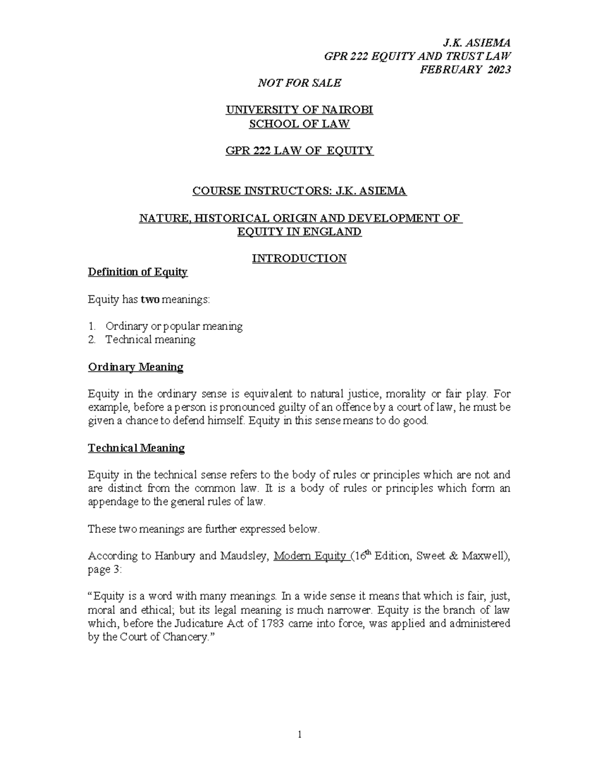 Equity and Trust Law Overview - GPR 2023 Notes by J.K. Asiema - Studocu