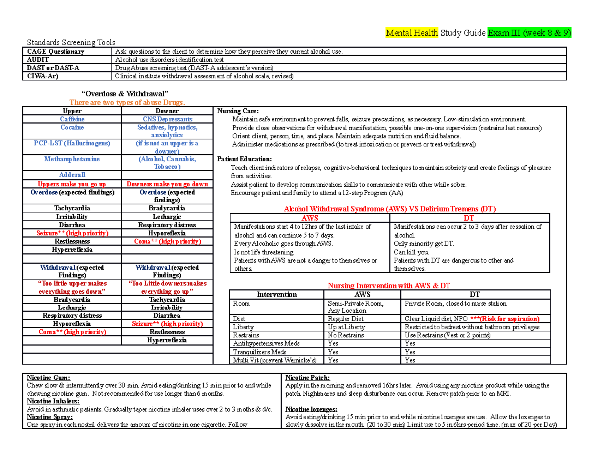 Mental Health exam 3 study guide - Mental Health Study Guide Exam III ...