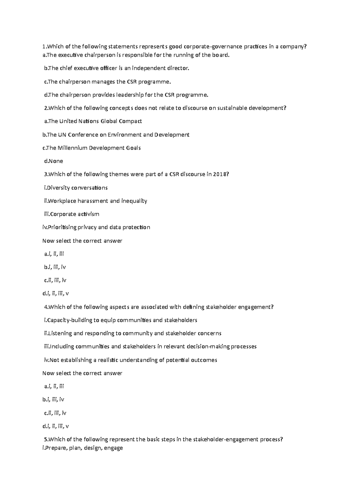 Chapter 5 MCQ - CSR Practices and Sustainable Development - Studocu