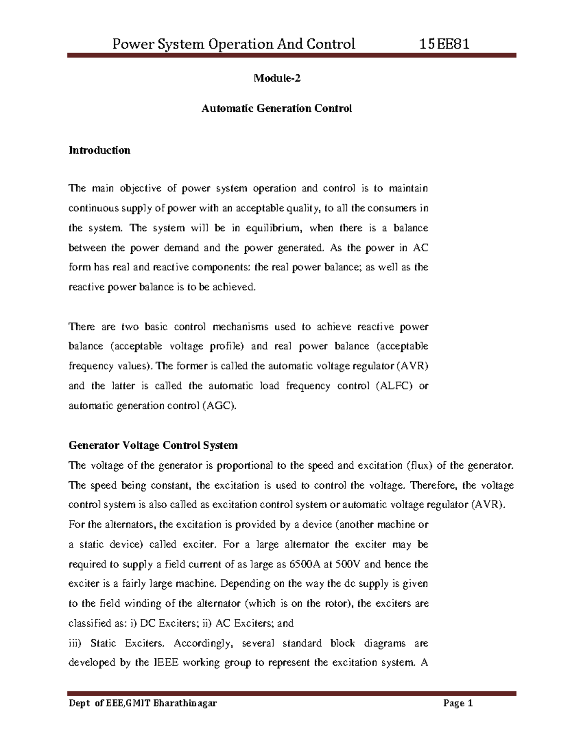 Power System Operation and Control 15EE81: AGC Overview and Mechanisms ...