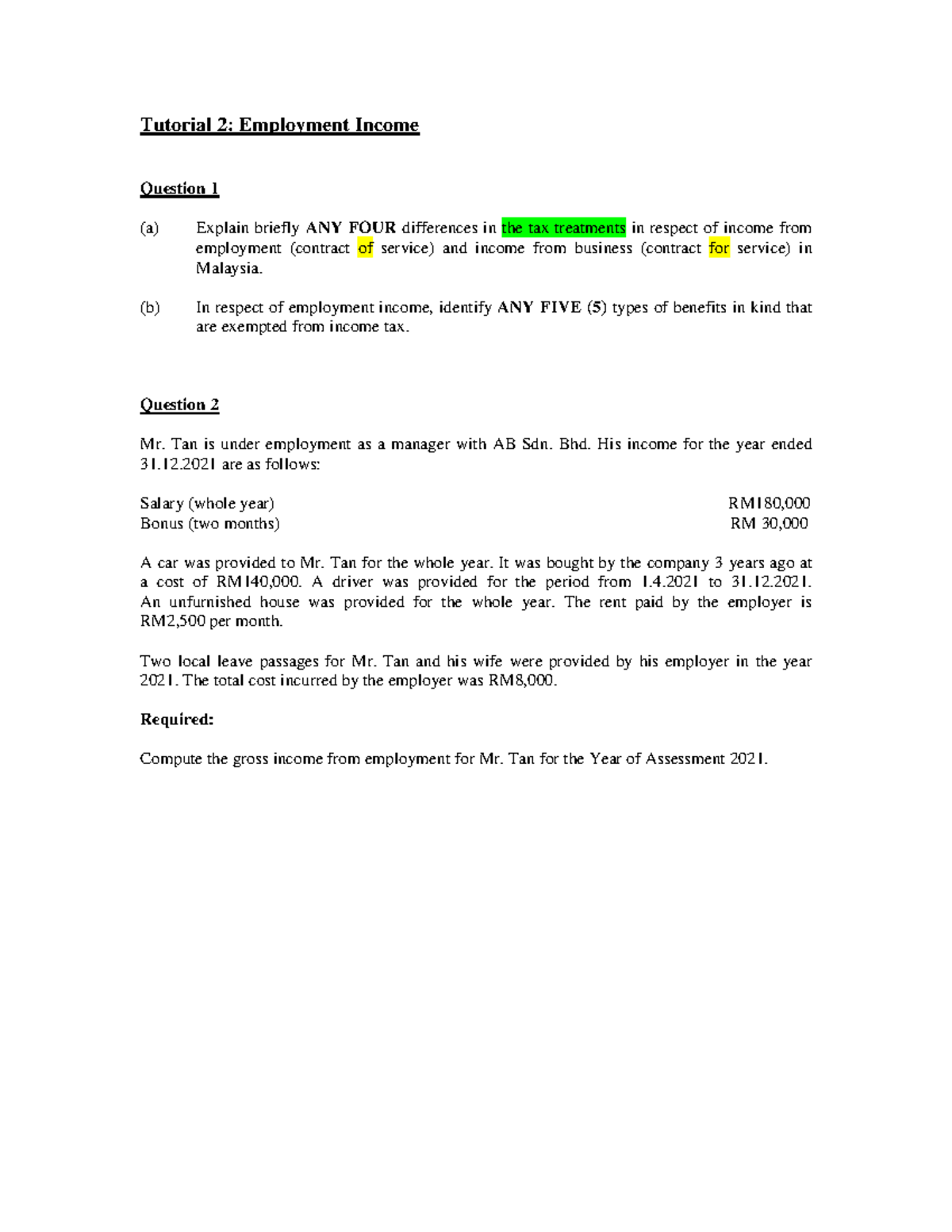 BBFT 2023 Tutorial 2Q - Analysis of Employment Income Tax Treat. - Studocu