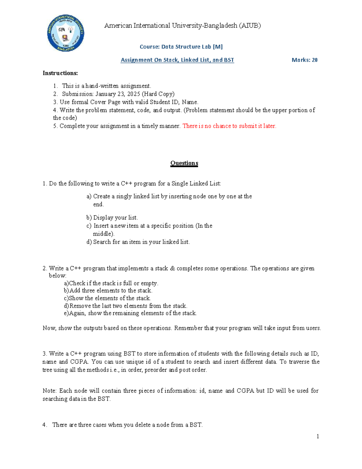 DS Lab Asn: Stack, Linked List & BST - AIUB - Studocu