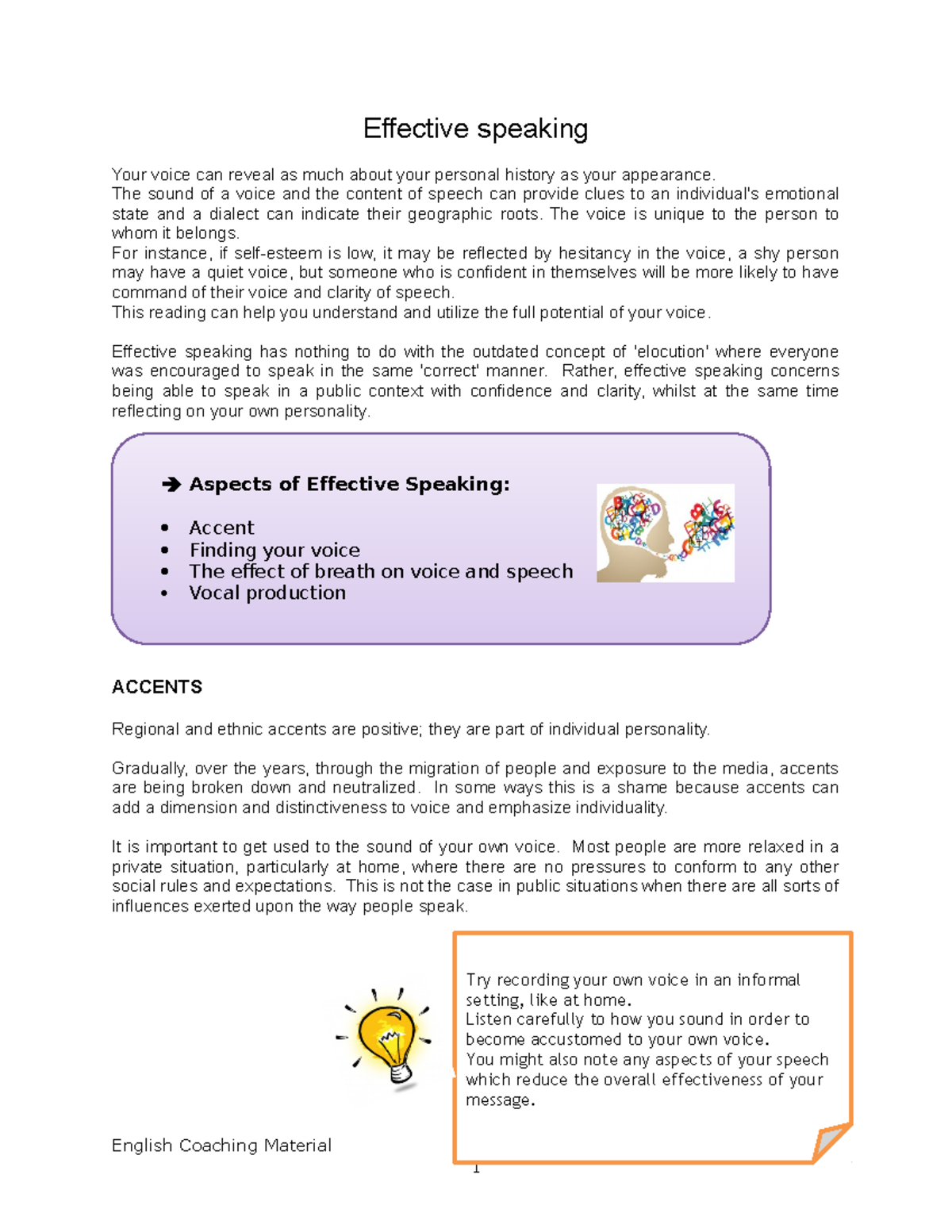 Lesson 1: Mastering Effective Speaking Skills and Voice Control - Studocu