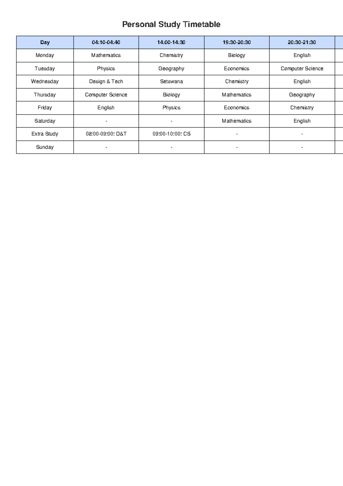 Study Timetable - dnt tbh - Personal Study Timetable Day 04:10-04:40 14 ...