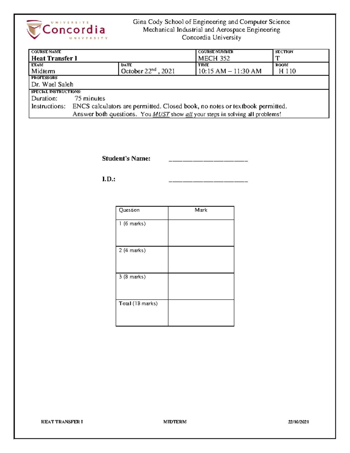 Final Exam Formula Sheet for MECH 352 - Heat Transfer I - Studocu