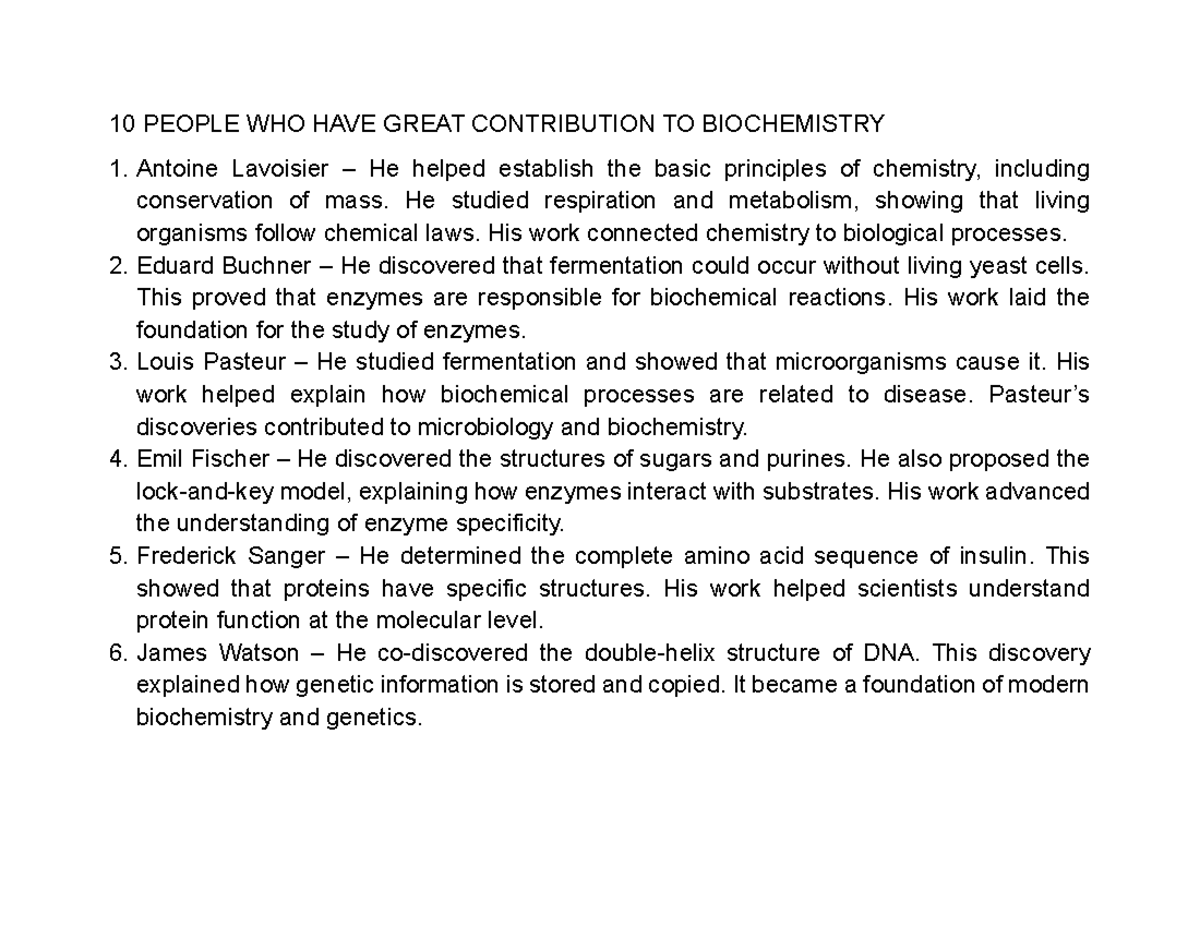 Biochem Lecture: Key Contributors to Biochemistry and Microscopy - Studocu