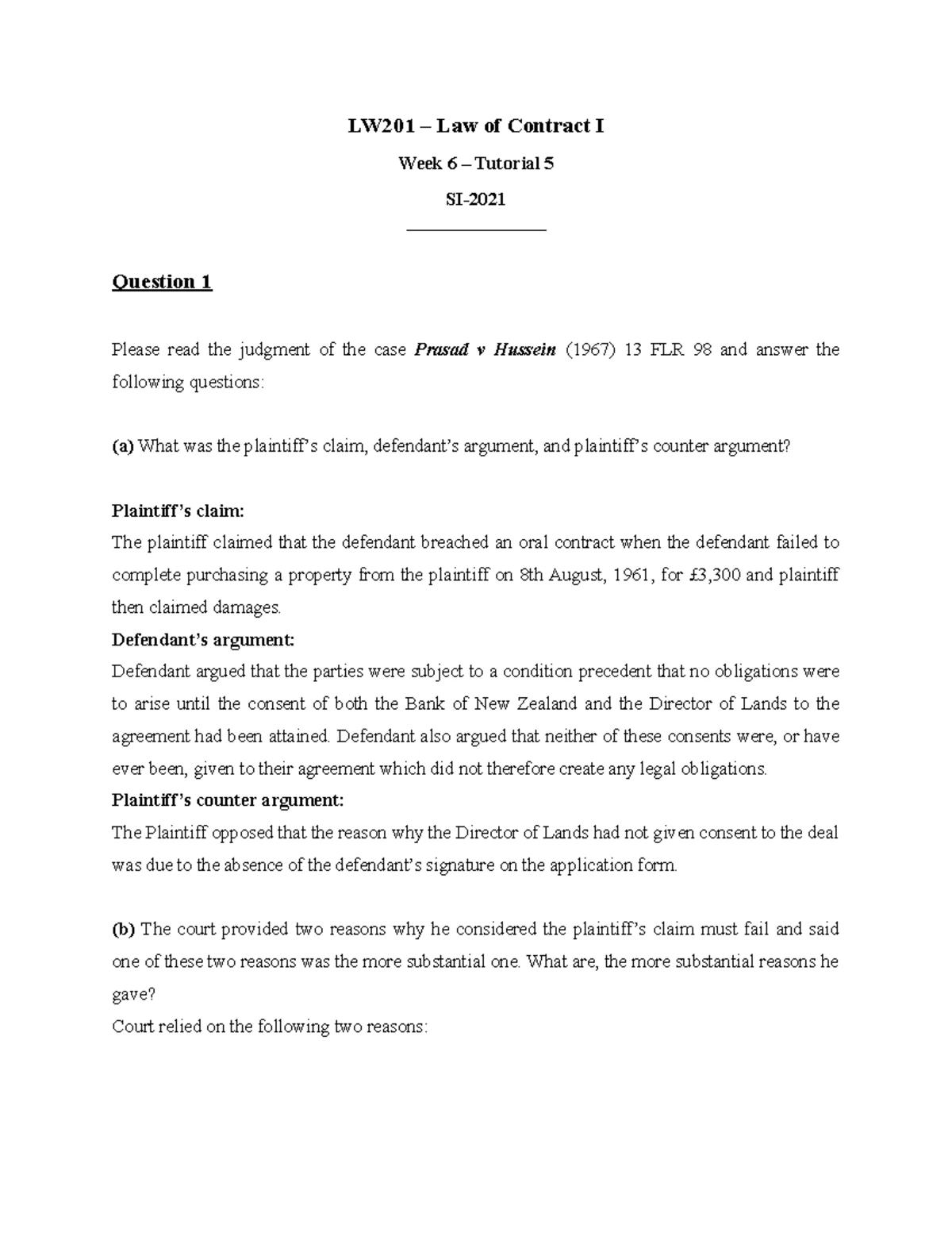 LW 201 Tutorial 2 - Case Analysis and Contract Law Discussions - Studocu