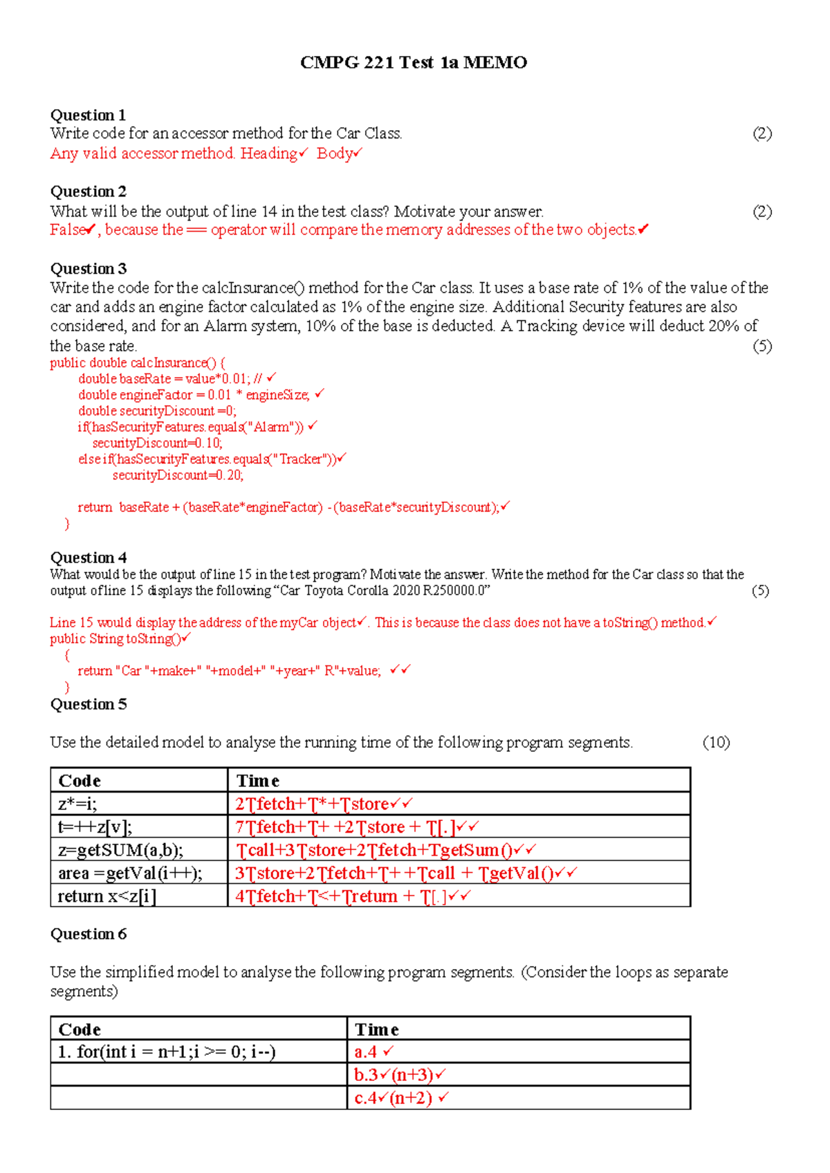 CMPG 221 Test 1a: Car Class Methods and Data Structures Analysis - Studocu