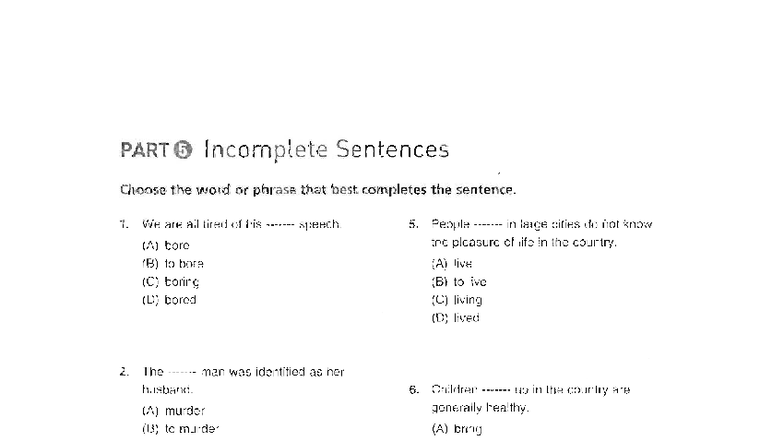 Test 5 - Incomplete Sentences and Reading Comprehension - Studocu