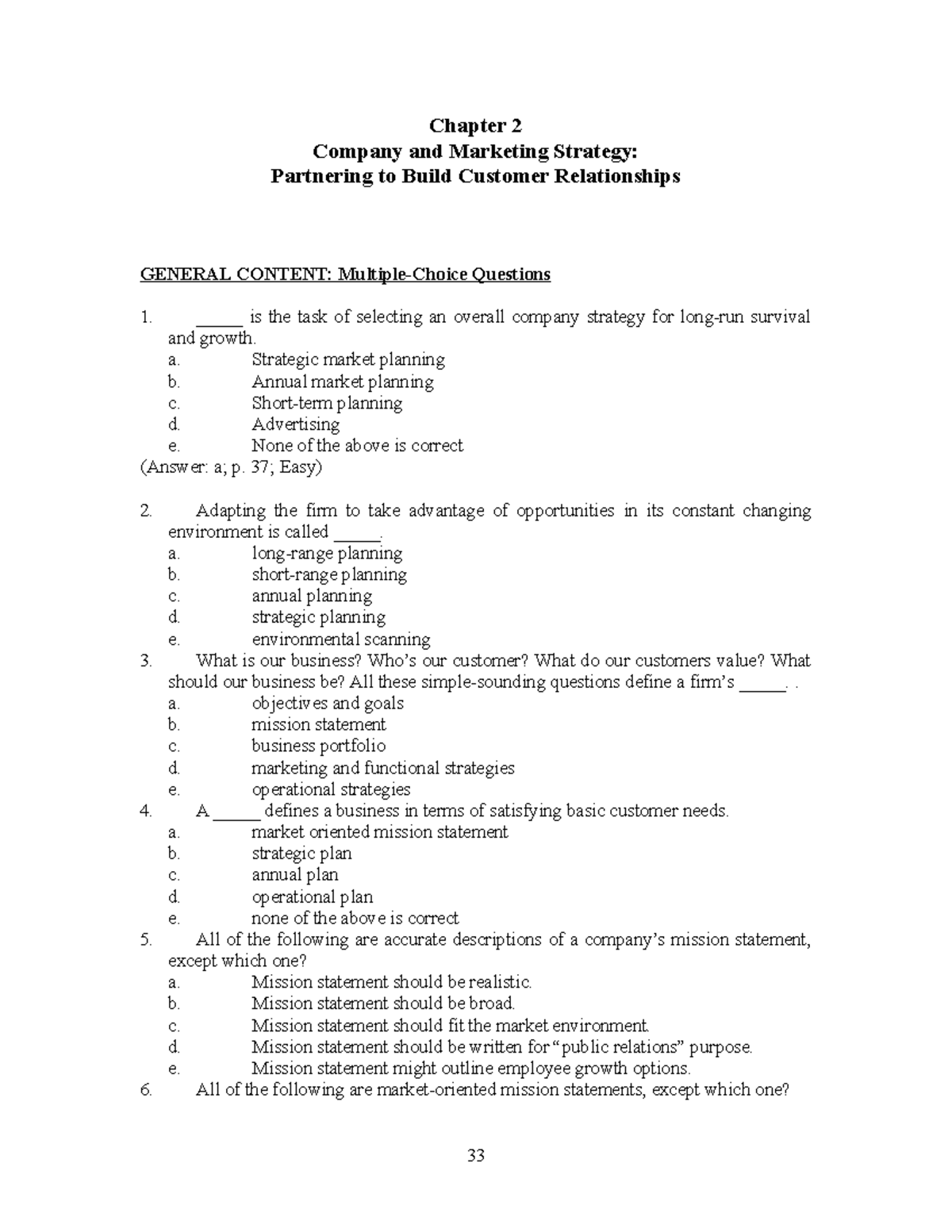 Chapter 2 Study Guide: Company & Marketing Strategy - Q&A - Studocu