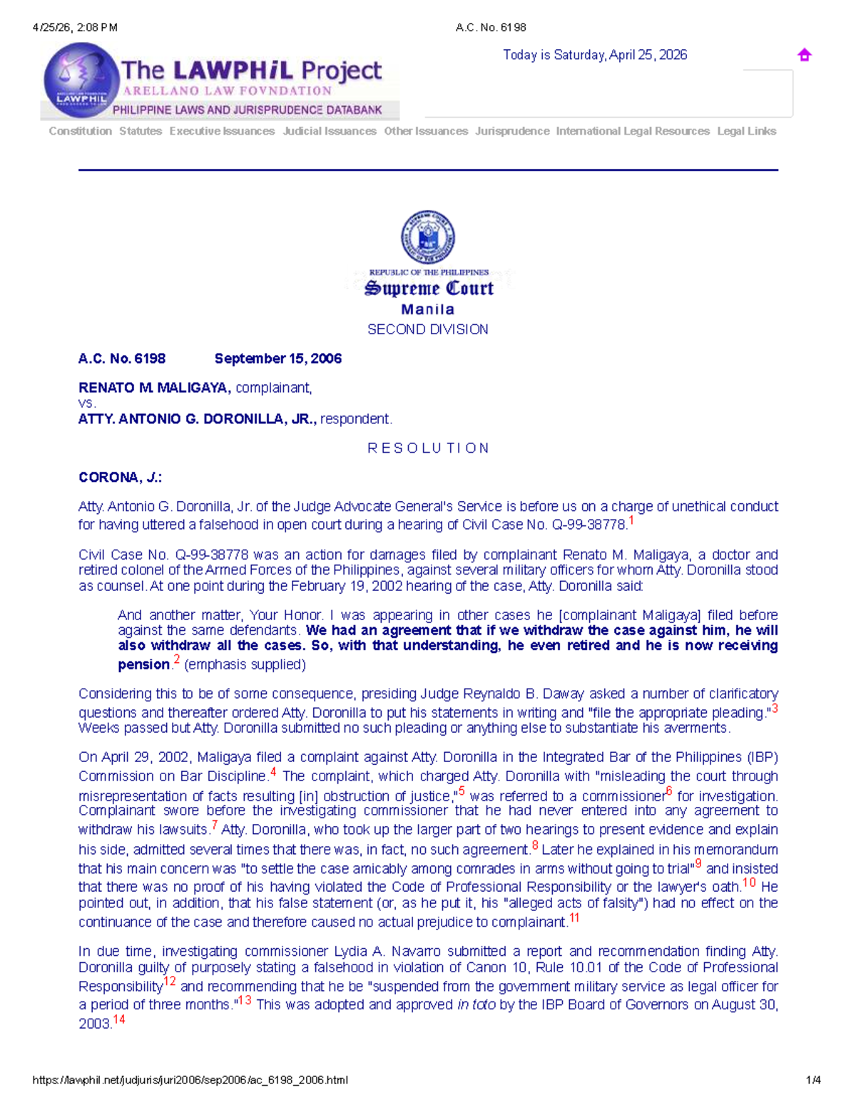 A.C. No. 6198: Resolution on Atty. Doronilla's Ethical Misconduct - Studocu