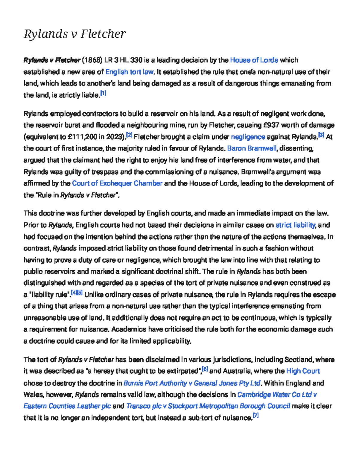Rylands v Fletcher: Landmark Case in English Tort Law (1868) - Studocu