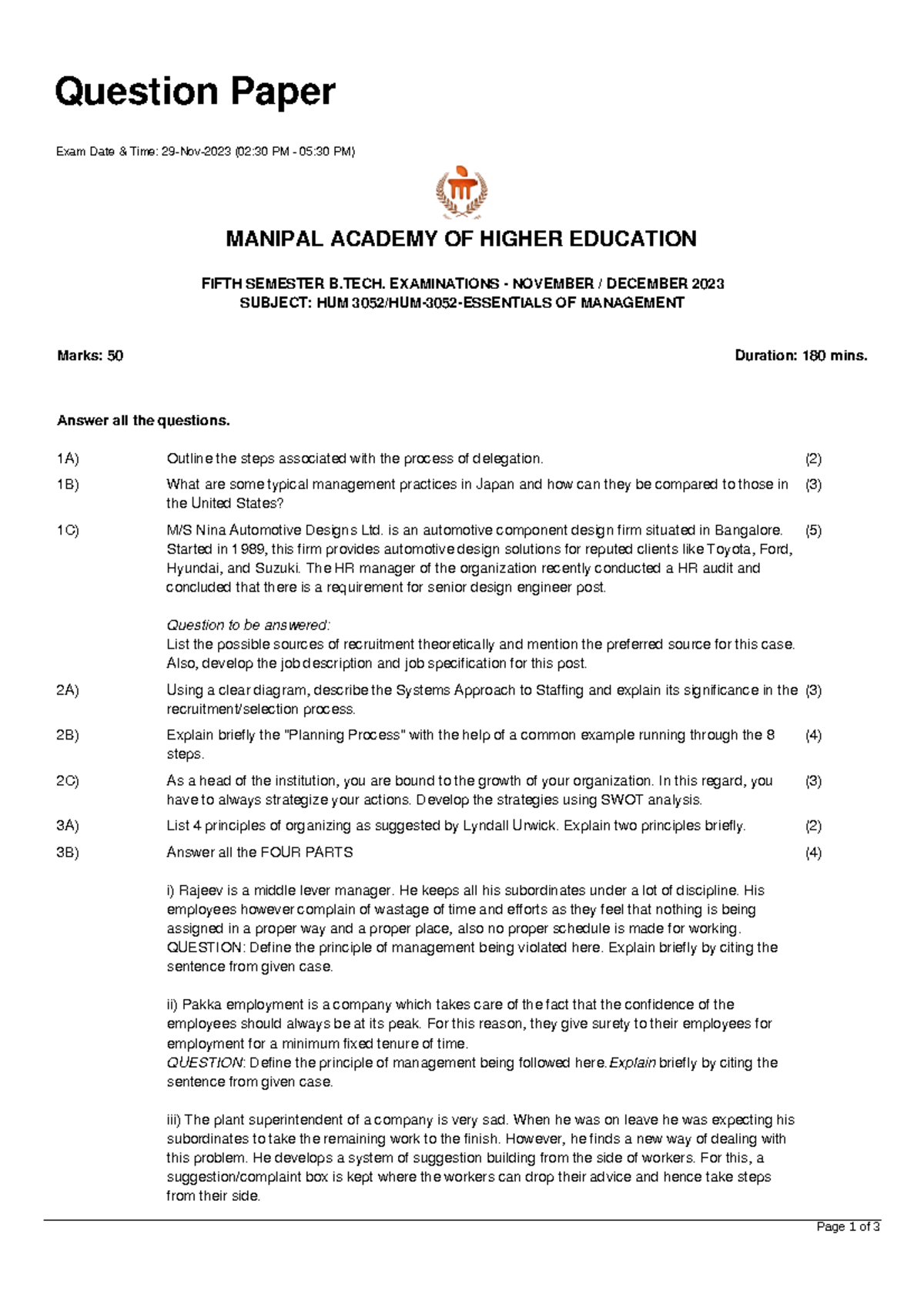 Essentials of Management Exam Paper (HUM 3052) - Nov-Dec 2023 - Studocu