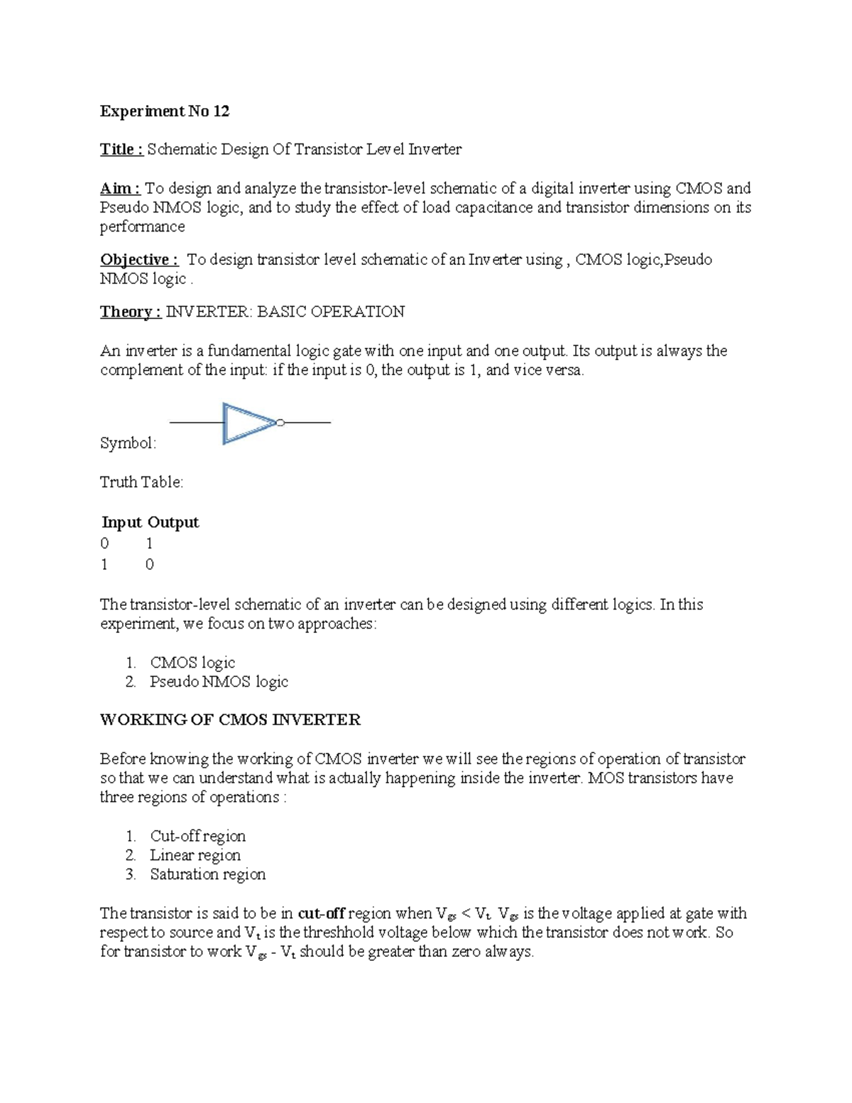 Experiment No 12: Schematic Design of Transistor Level Inverter in VLSI ...
