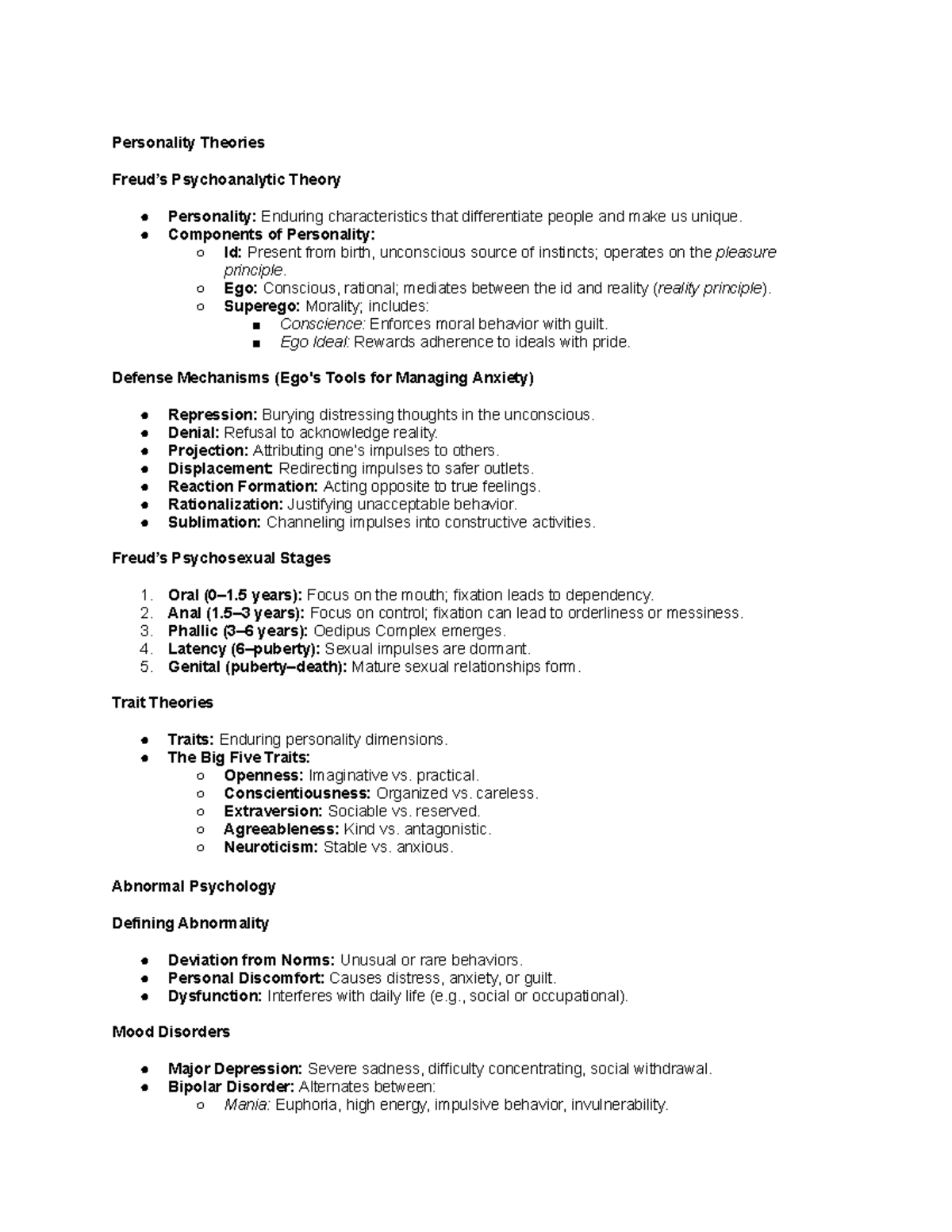 Psych Exam 4 Cheat Sheet - Personality Theories Freud’s Psychoanalytic ...