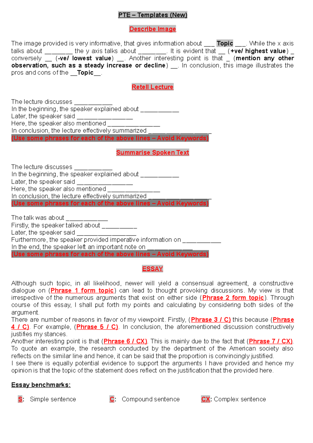 PTE - New Templates: Describe Image, Retell Lecture & Essay Notes - Studocu