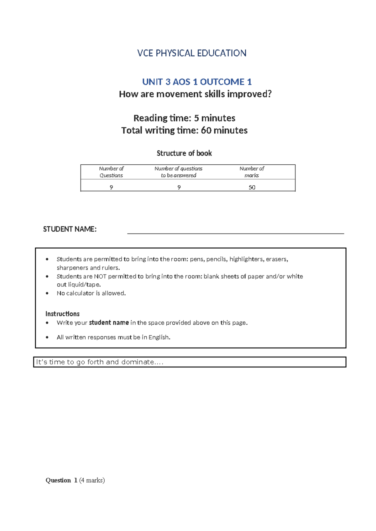 Practice SAC 3 Questions - VCE PHYSICAL EDUCATION UNIT 3 AOS 1 OUTCOME ...