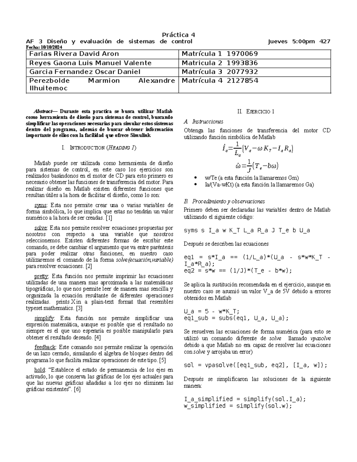 AF 3: Diseño y Evaluación de Sistemas de Control en Matlab - Práctica 4 ...