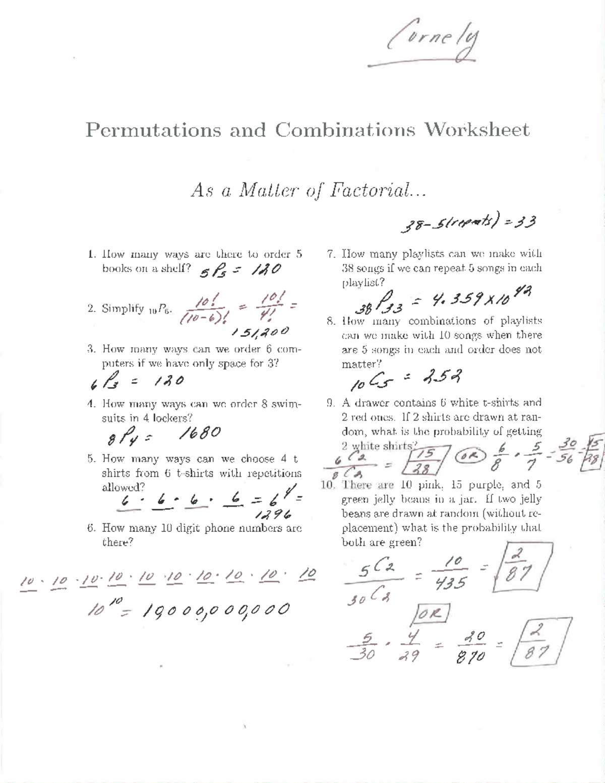 12-4 extra practice key - Cornely Permutations and Combinations ...