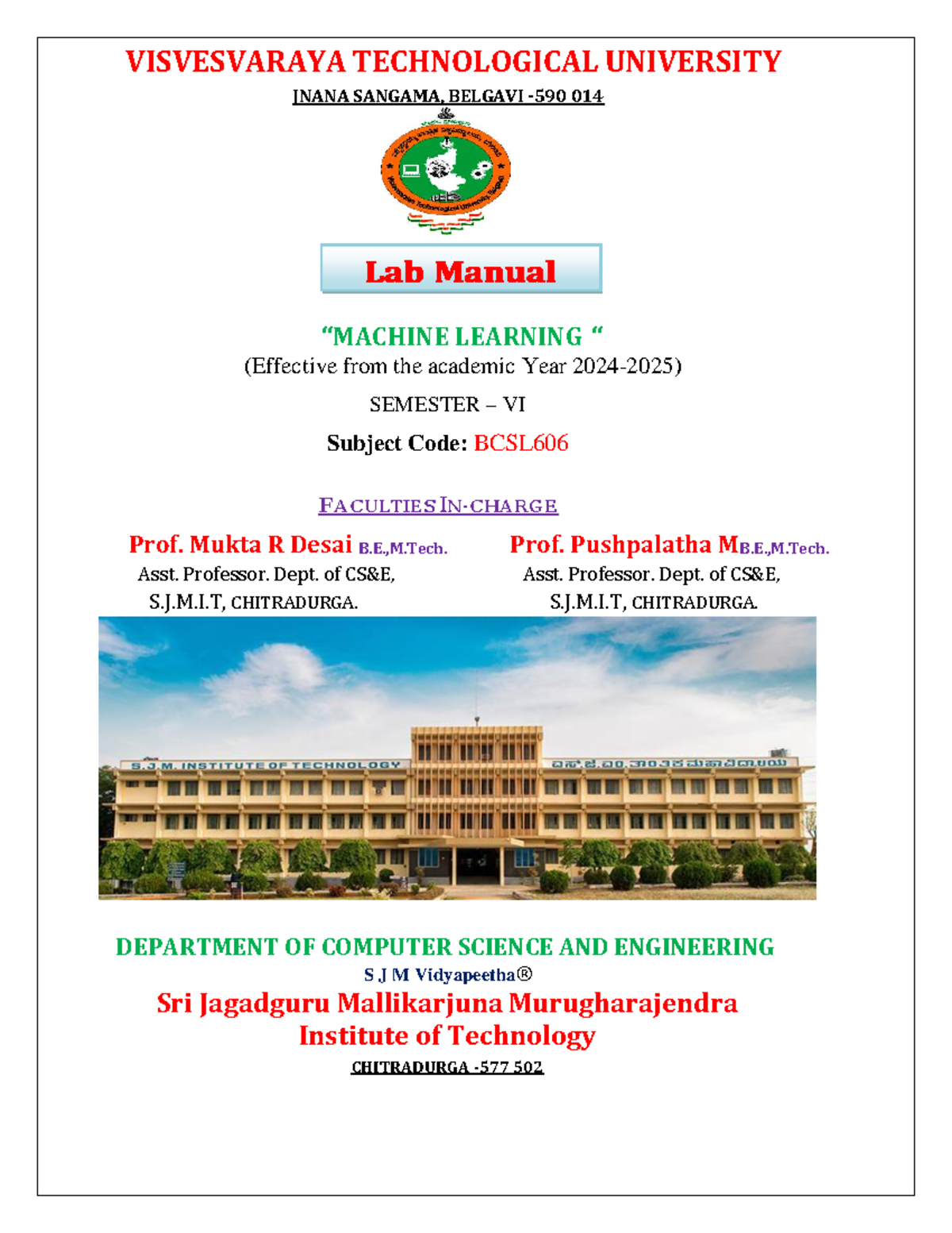 BCSL606 Machine Learning Lab Manual - SJMIT Chitradurga - Studocu