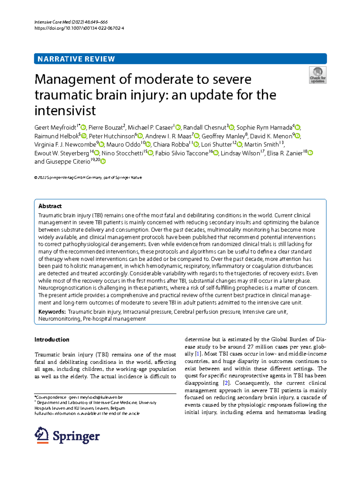 Management of Moderate to Severe Traumatic Brain Injury: An Update for ...