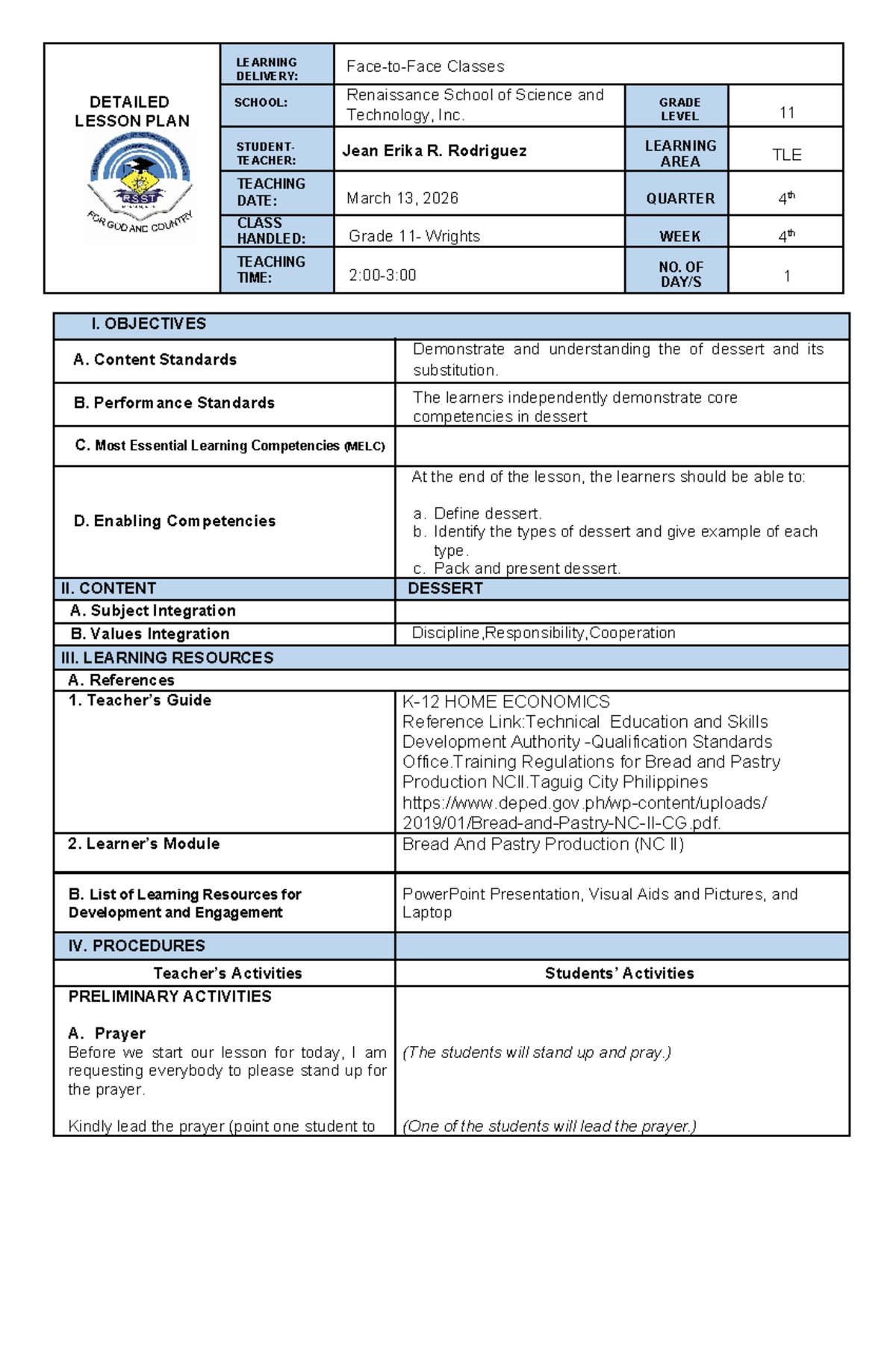 Final Lesson Plan on Dessert Preparation (TLE 11) - Studocu