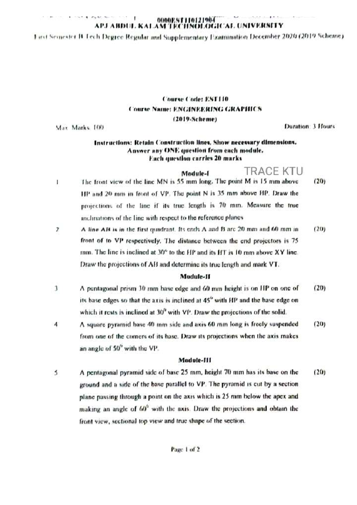 KTU ESTHIO Engineering Graphics Dec 2020 Exam Question Paper - Studocu
