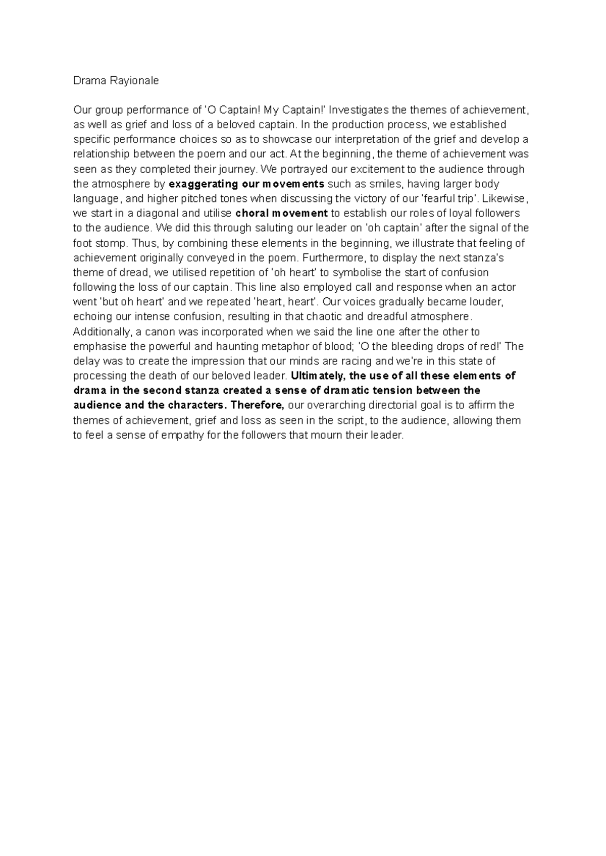 Drama Rationale: Themes of Achievement & Grief in 'O Captain ...