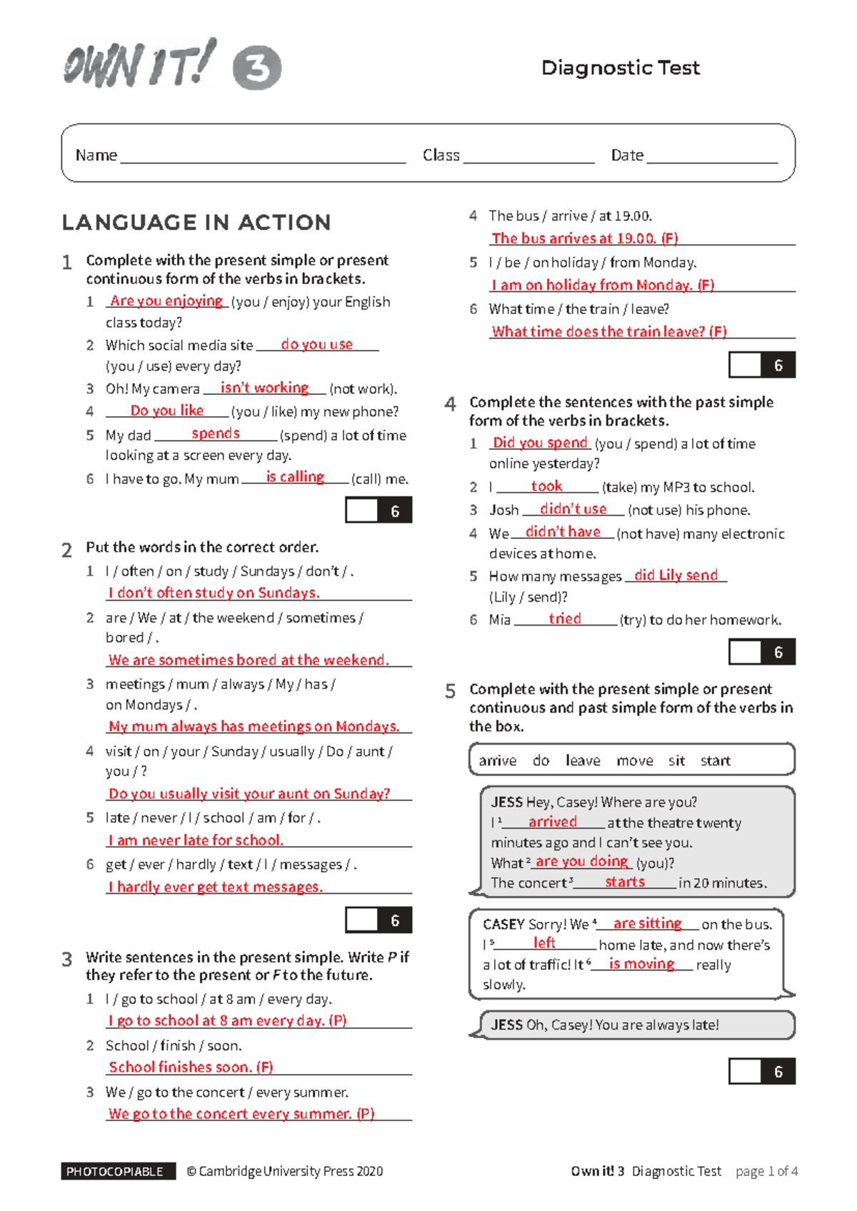 Diagnostic Test (LANGUAGE IN ACTION) for Class 4 with Answers - Studocu