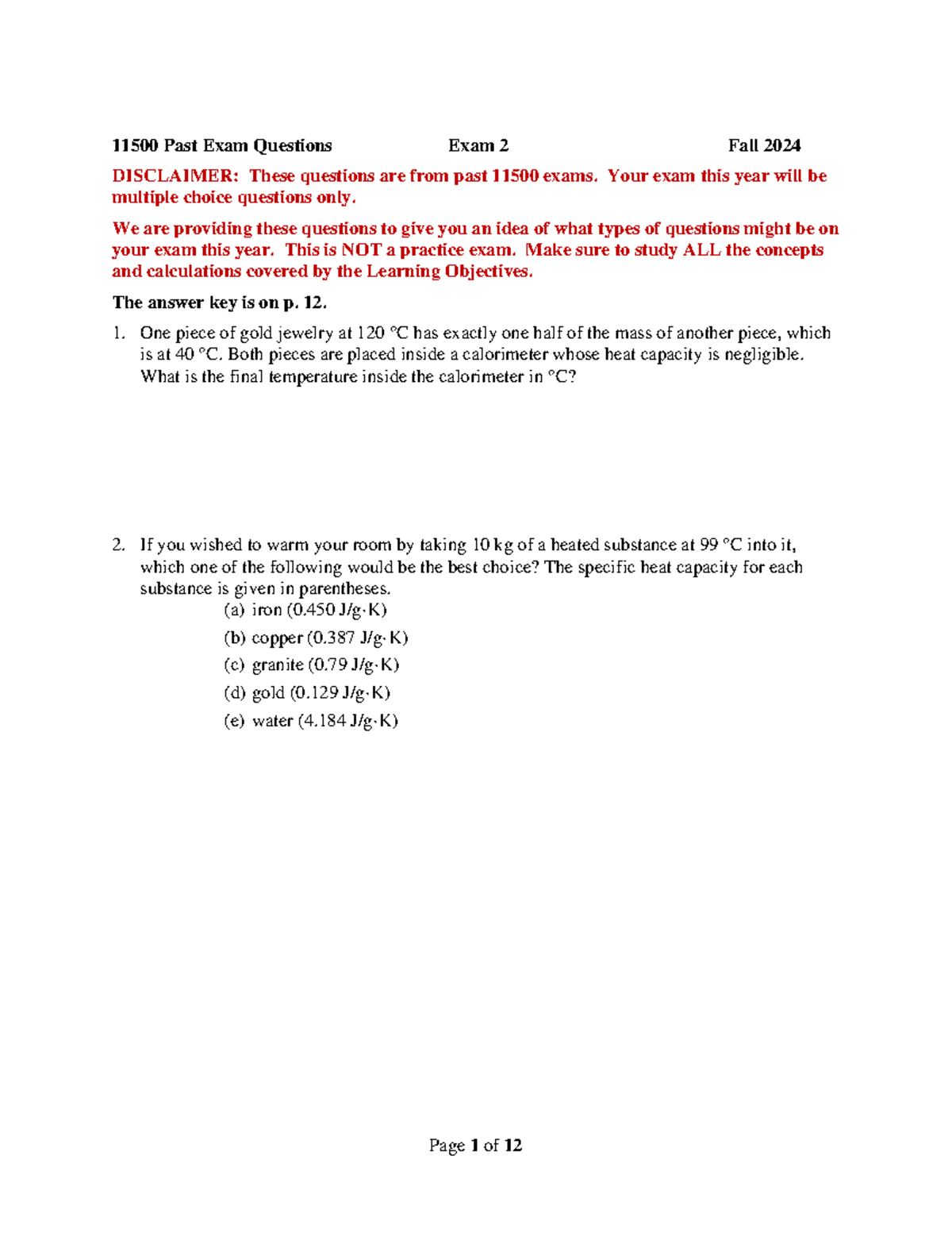 Past Exam Questions 11500 Exam 2 FA24: Study Guide and Key Concepts - Document Preview