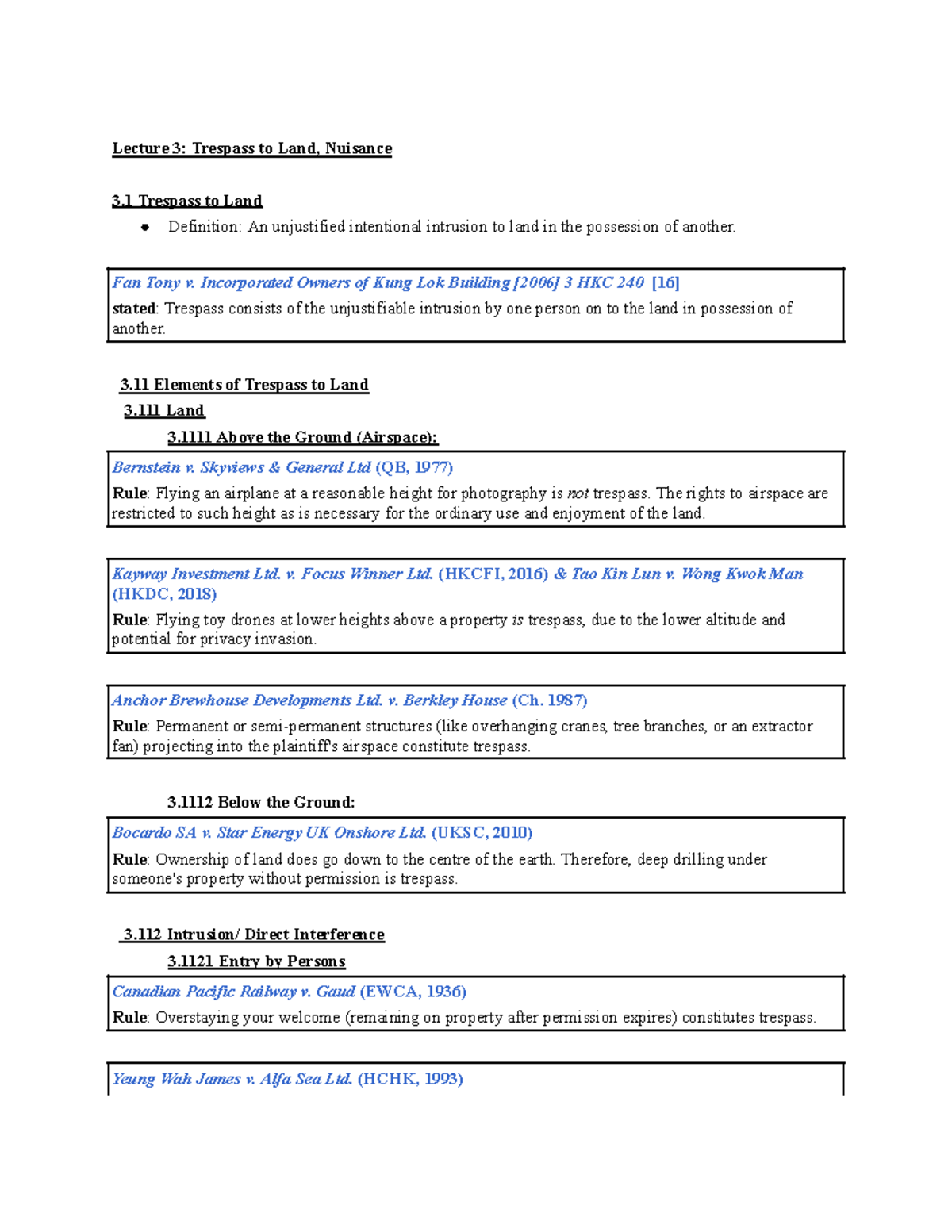 Law of Tort II: Lecture 3 - Trespass to Land & Nuisance Overview - Studocu
