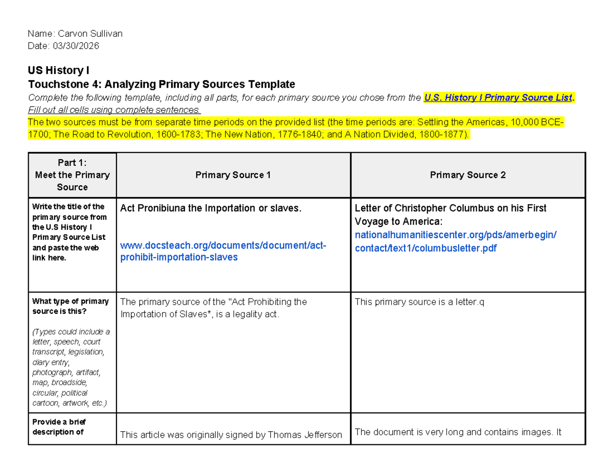 US History I Touchstone 4: Analyzing Primary Sources Assignment - Studocu