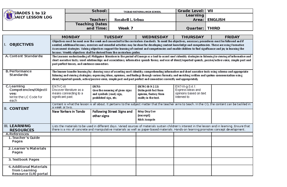DLL 7th Grade 3rd Qtr Week 7 - Daily Lesson Log in English - Studocu