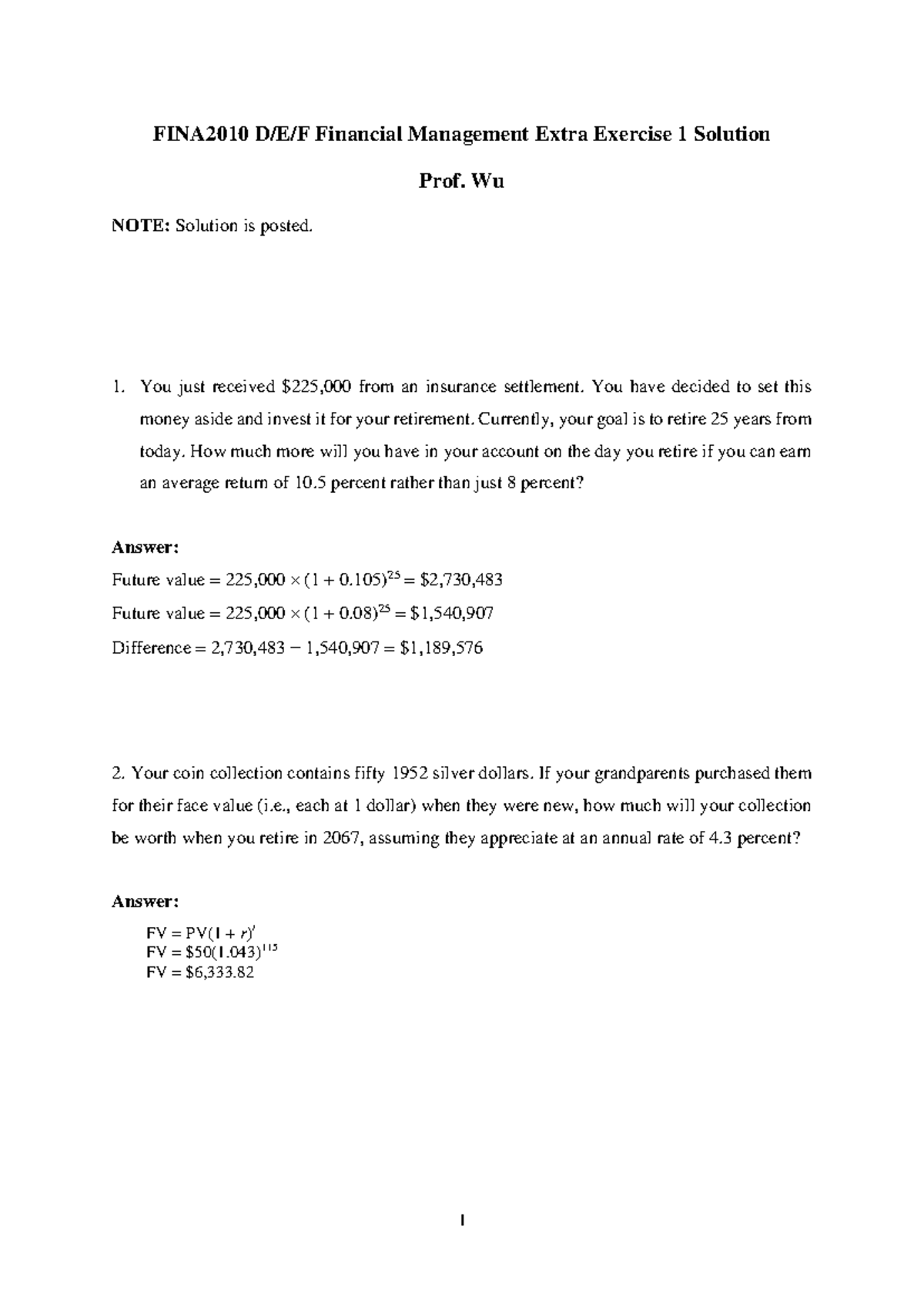 FINA2010 Financial Management Extra Exercise Lecture 1 Solutions - Studocu