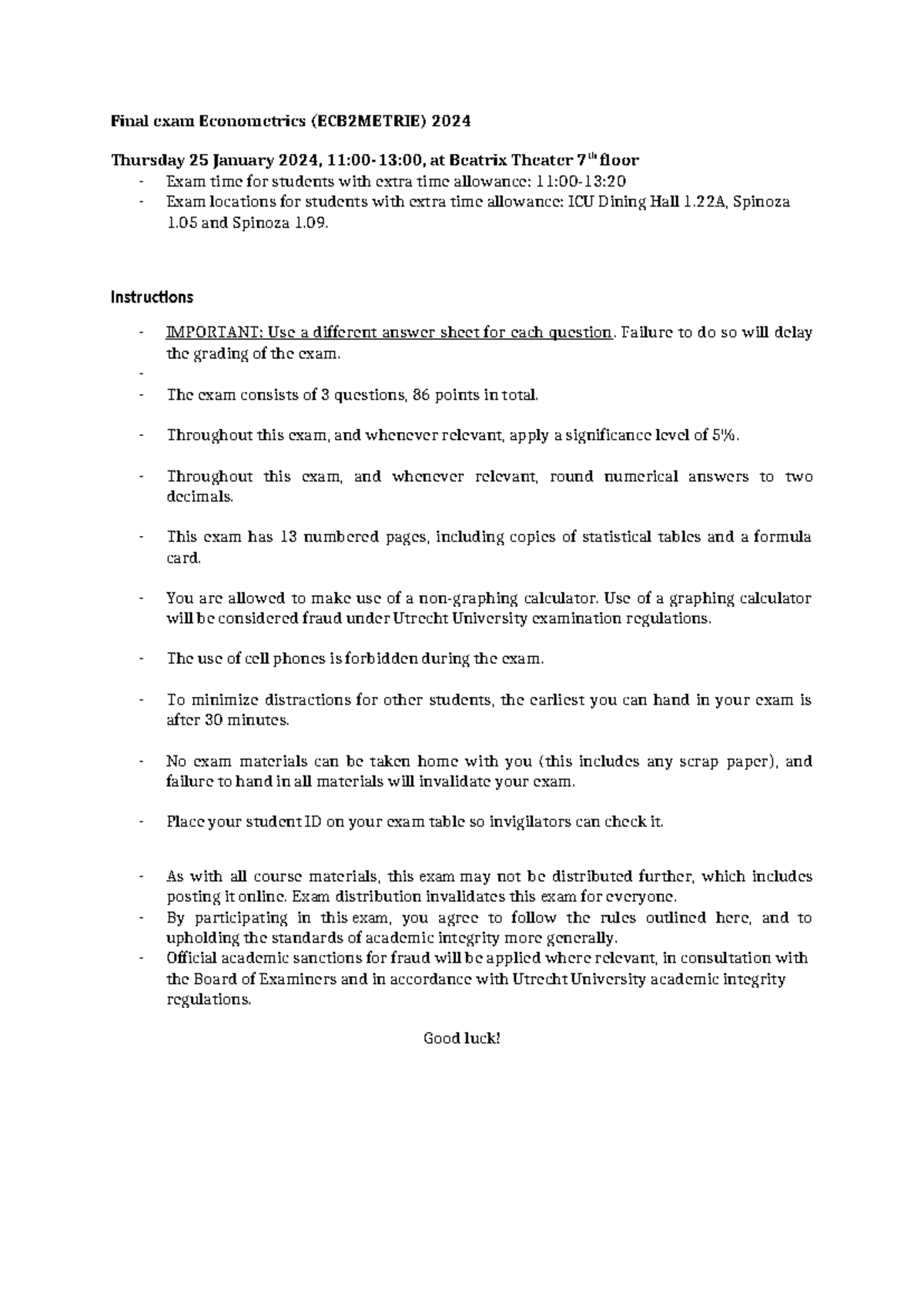 Final Exam Guidelines for Econometrics (ECB2METRIE) 2024 - Studeersnel
