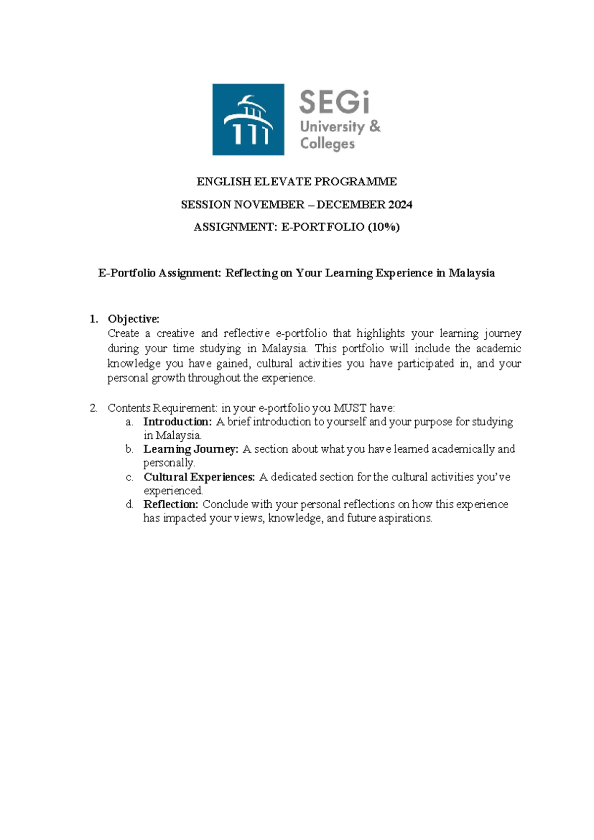 E- Portfolio Instruction - ENGLISH ELEVATE PROGRAMME SESSION NOVEMBER ...