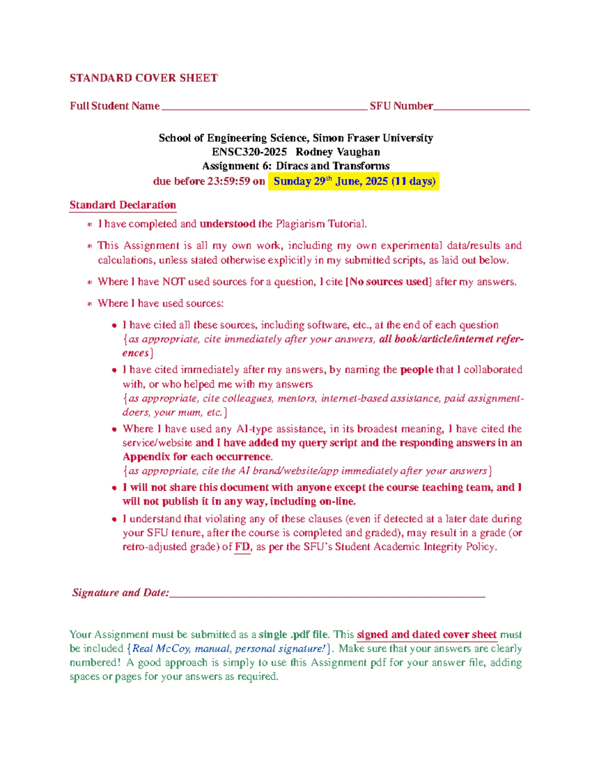 ENSC320 Final Exam Cover Sheet and Formula Sheet v3 - Studocu
