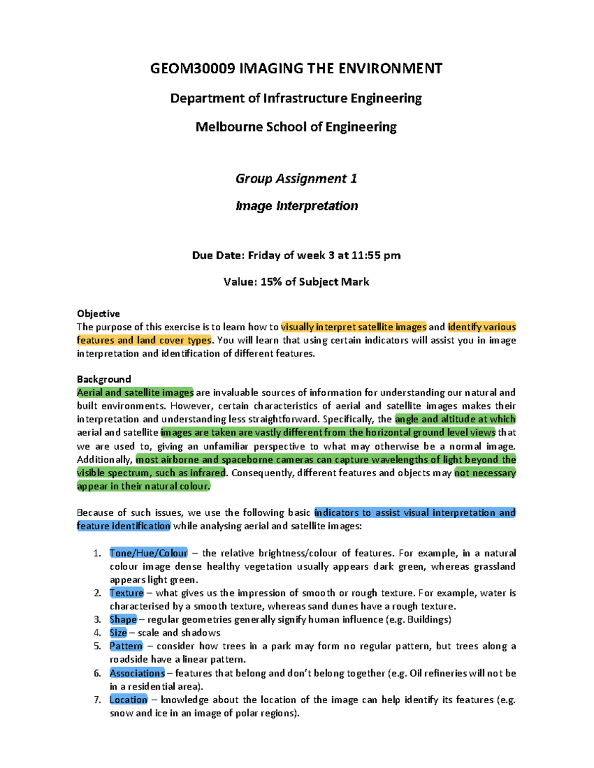 GEOM30009 Assignment 1: Group Report on Image Interpretation 2023 - Studocu