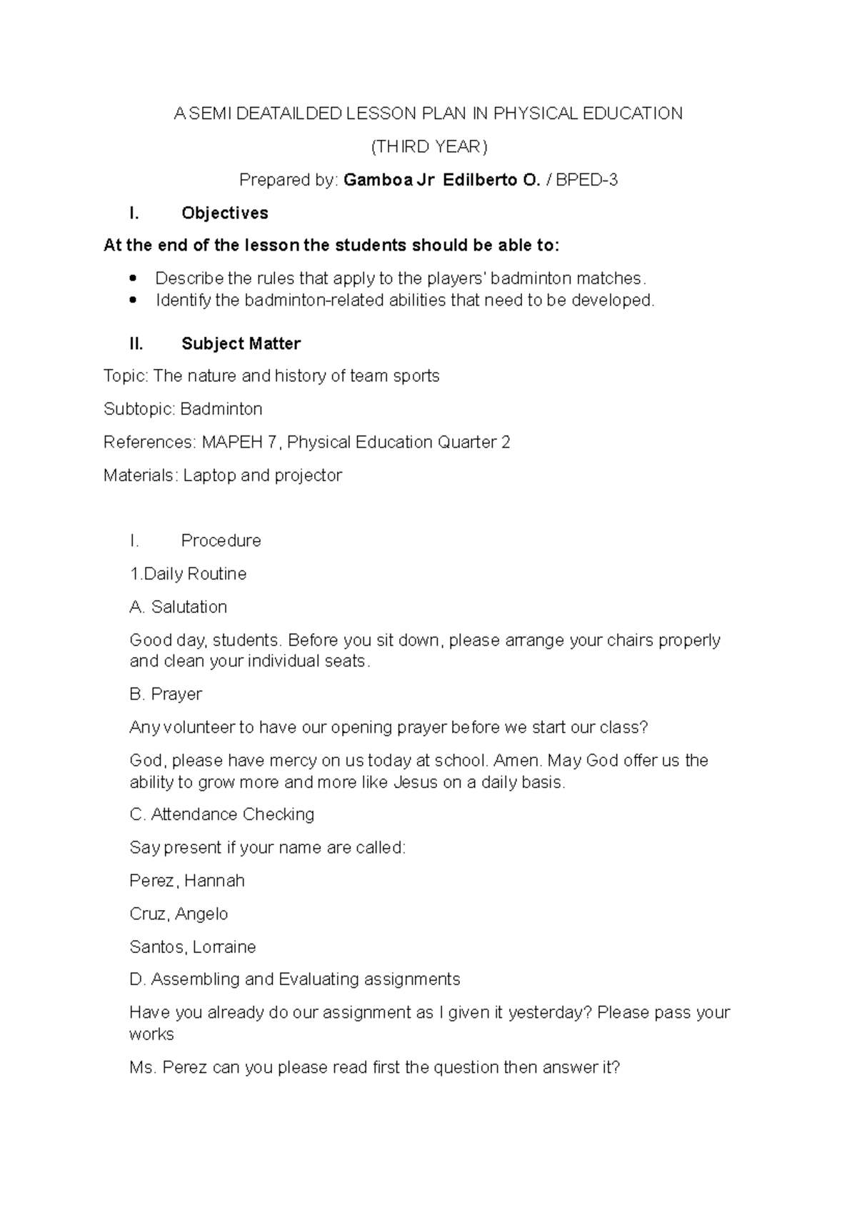 Semi-Detailed Lesson Plan: Badminton - BPED 3rd Year - Studocu