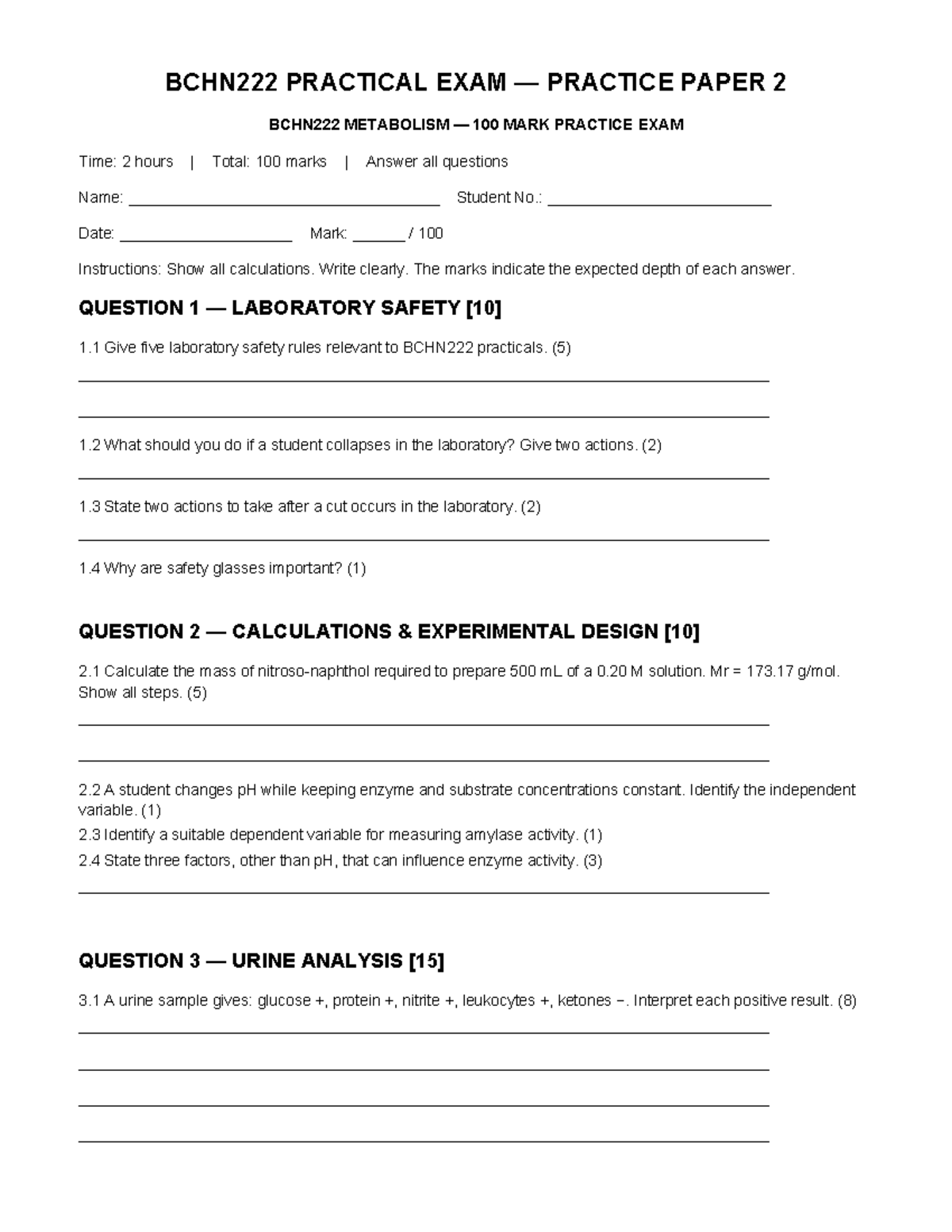 BCHN222 Practical Exam Practice Paper 2: Metabolism (100 Marks) - Studocu
