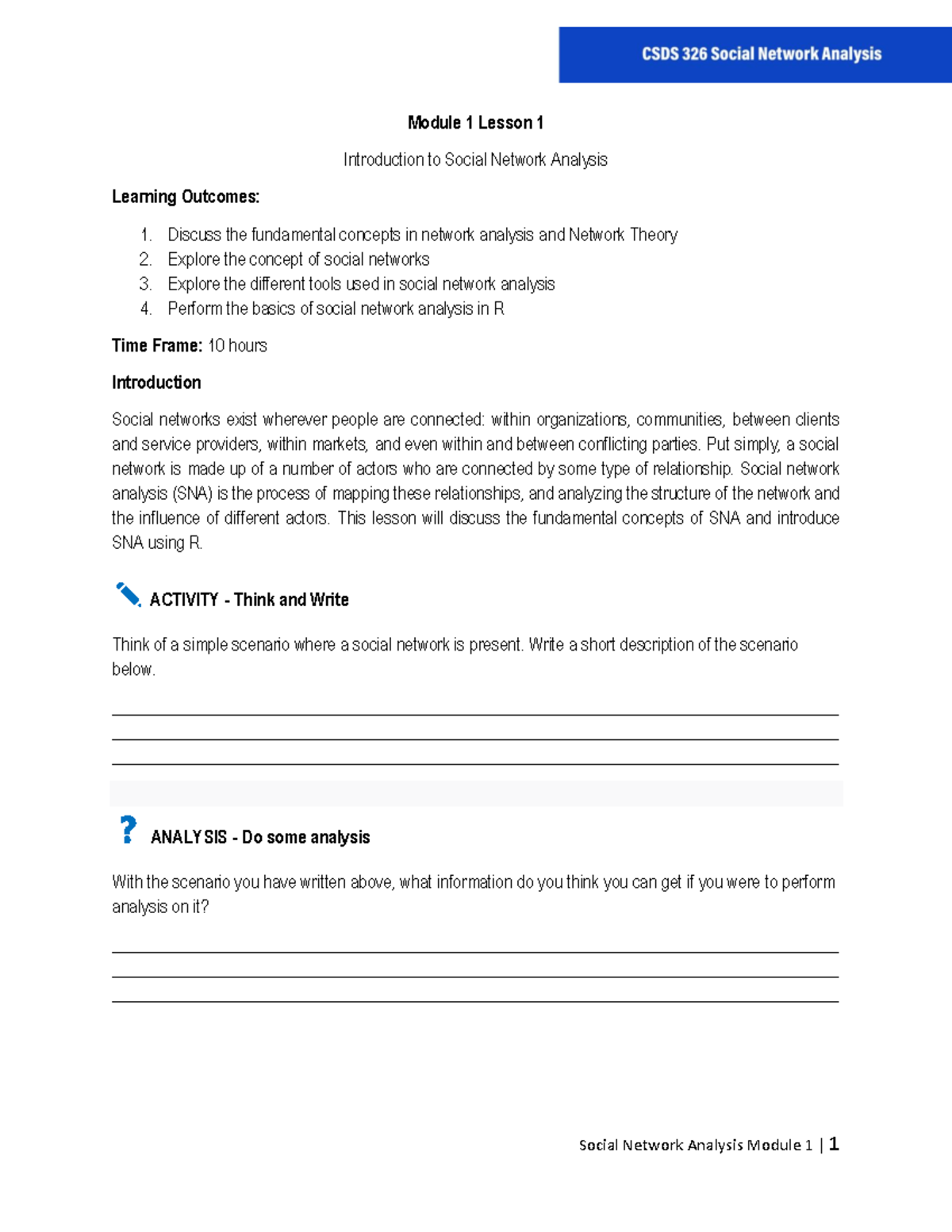 Module 1 Lesson 1: Intro to Social Network Analysis in R - Studocu