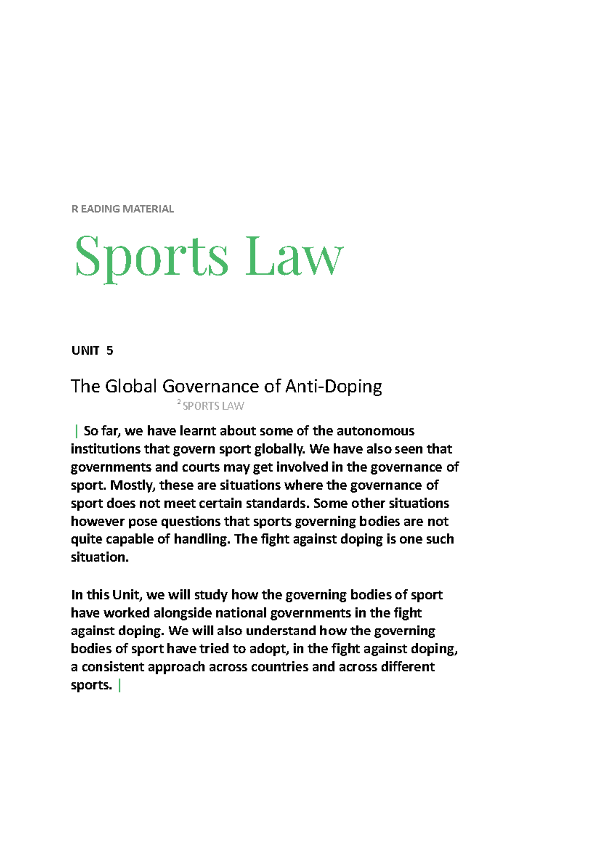 Sports Law Unit 5: Global Governance and Anti-Doping Efforts - Studocu
