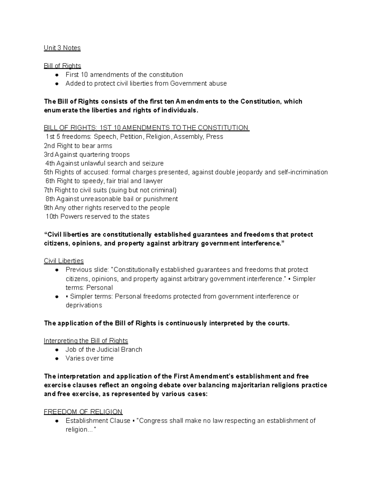 Unit 3 AP Gov Notes: Bill of Rights & Civil Liberties Overview - Studocu