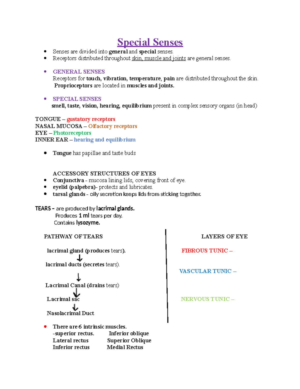 Special Senses notes - Special Senses Senses are divided into general ...