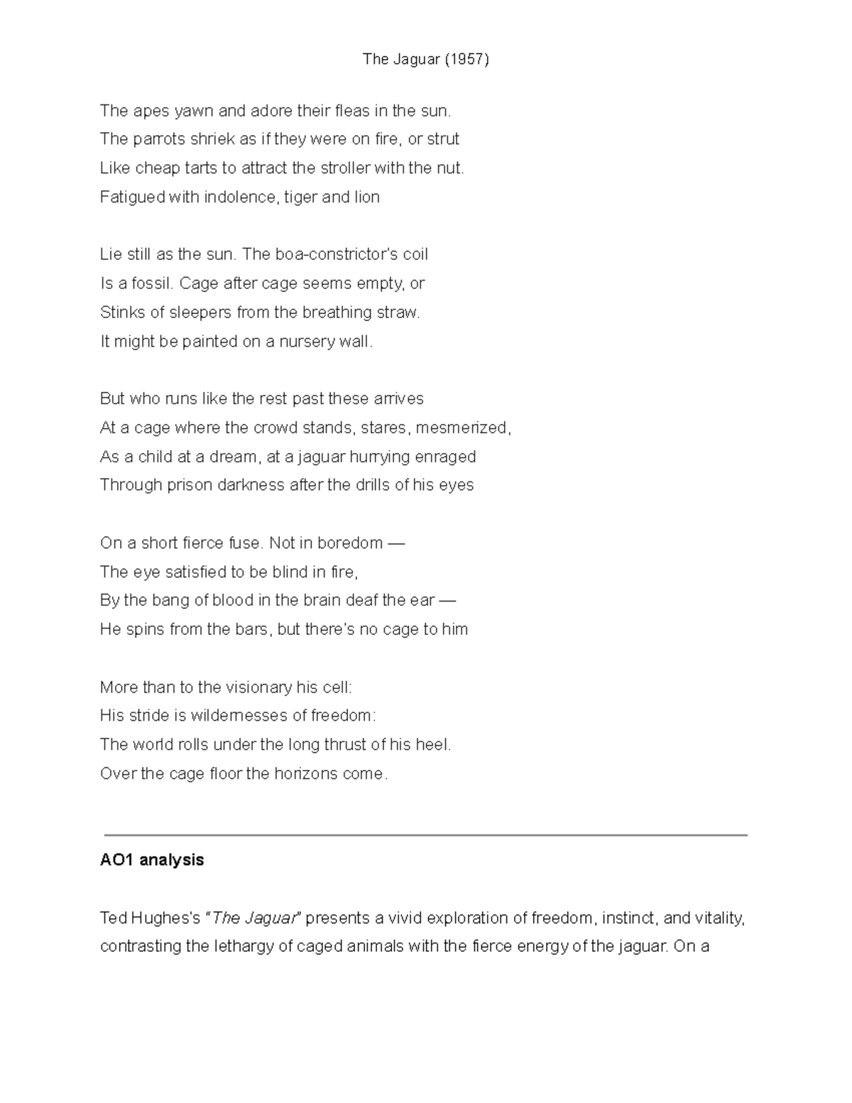 Ted Hughes - The Jaguar (1957) Analysis and Interpretations - Studocu