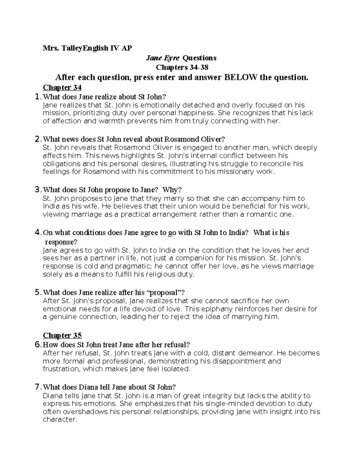 Jane Eyre Ch 26-29 - AP English IV Q&A Analysis and Insights - Studocu